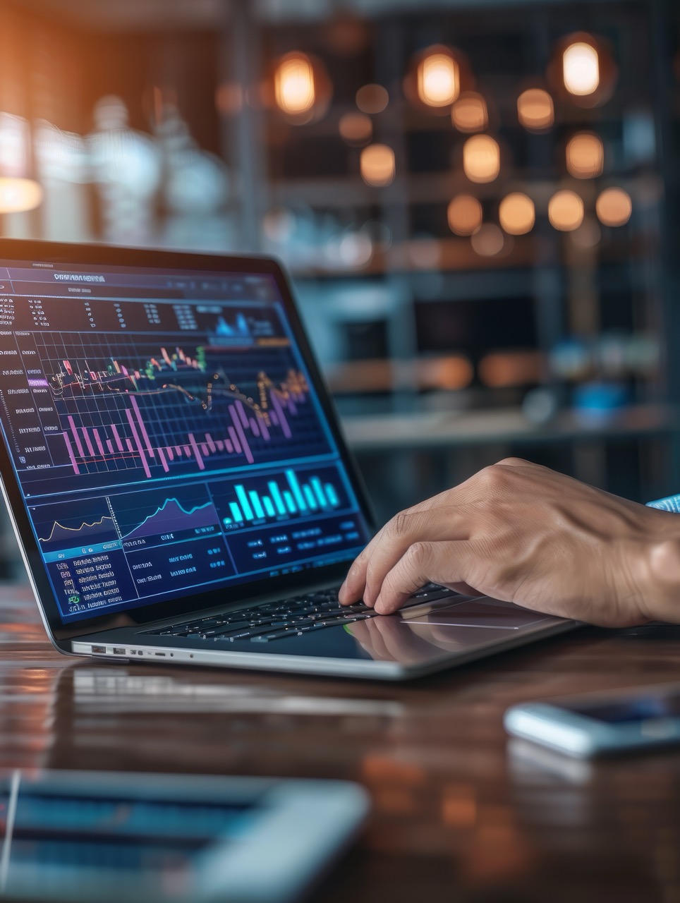 Businessman uses a laptop computer to analyze finance sales statistics, economic growth graph charts, and financial reports, Analytics, and Data Management Systems to create a report.