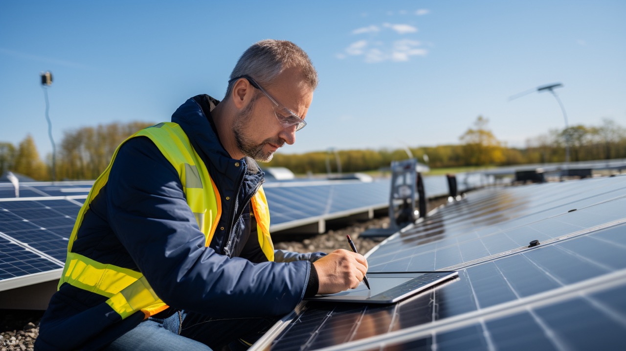 Engineer in a hard hat at a solar farm, examining a solar panel closely Capture the technical aspects of the work and the vastness of the solar energy field